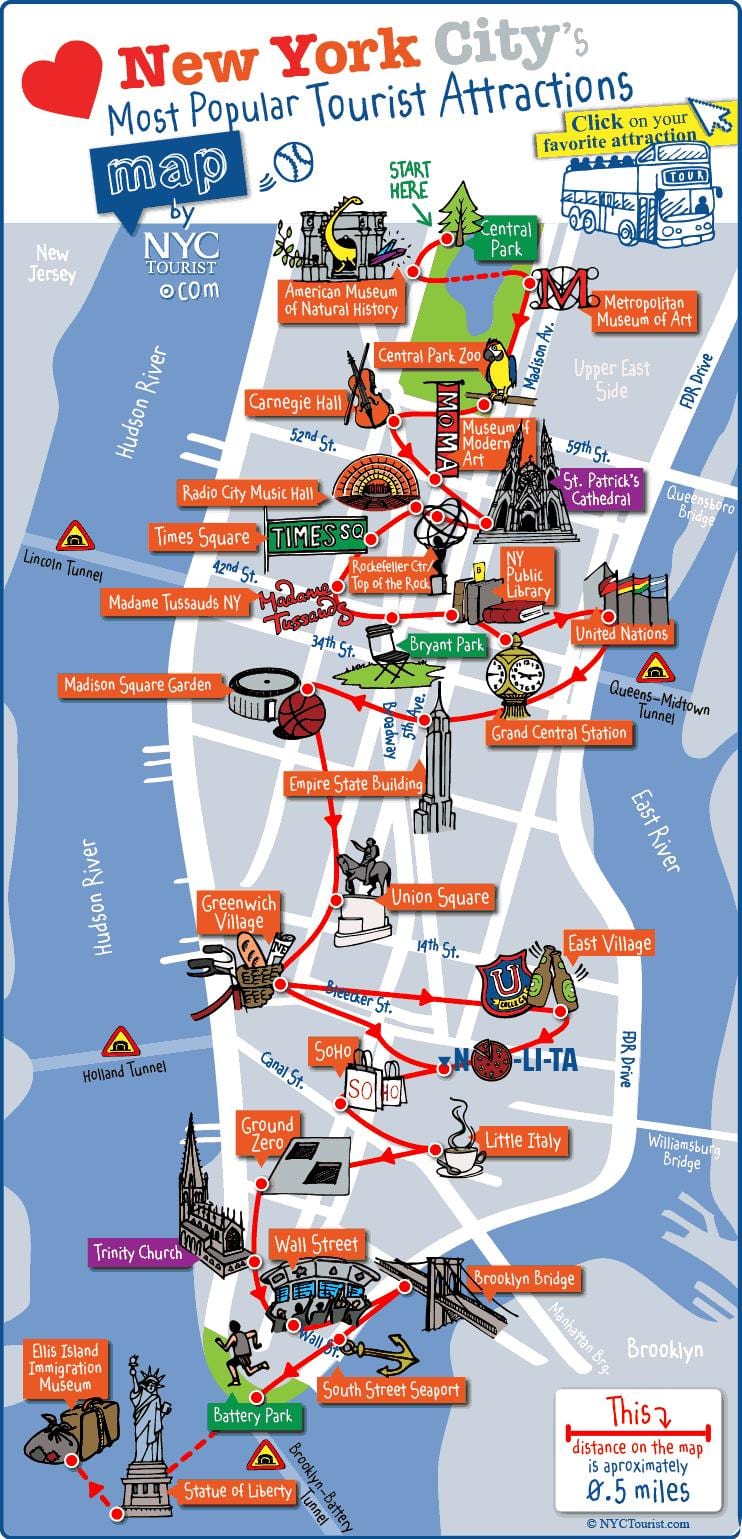 kort af Manhattan, New York staðir