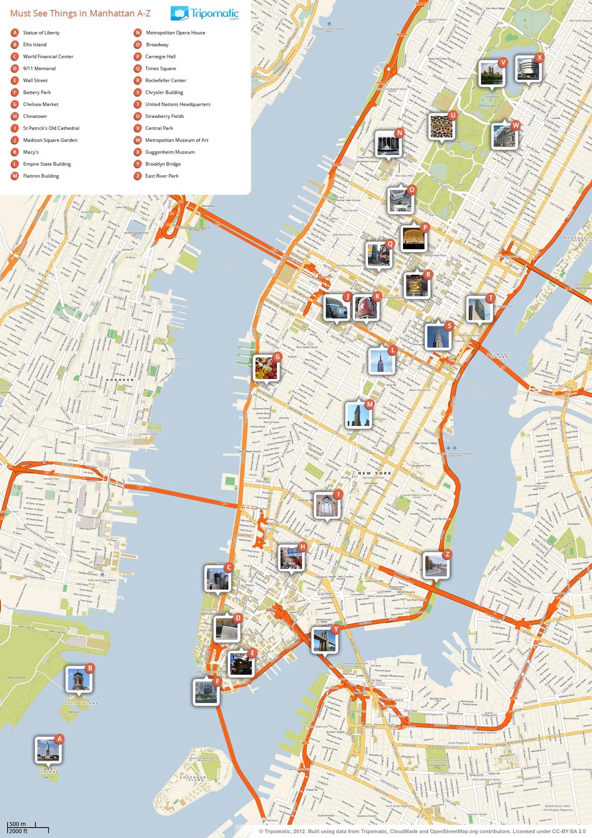 kort af Manhattan með stig áhuga