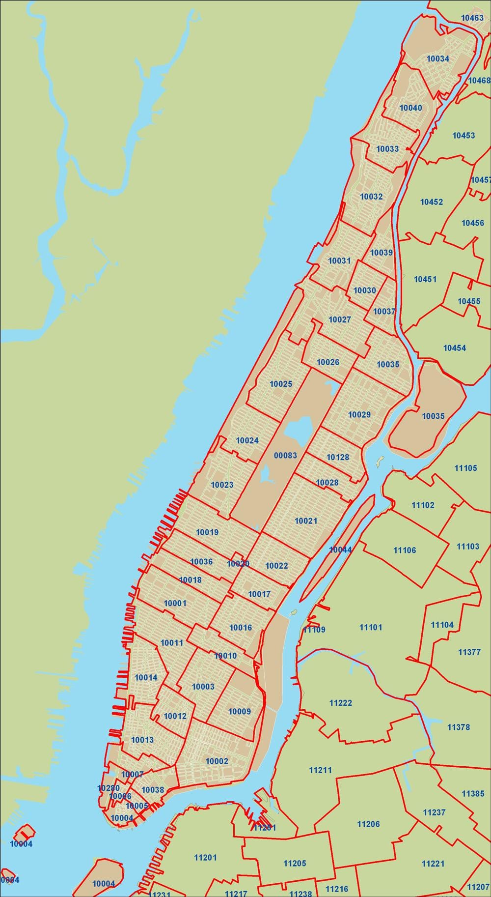 New york, póstnúmer kort Manhattan