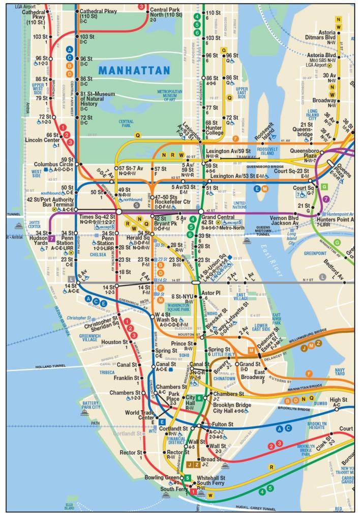 kort af Manhattan neðanjarðarlestinni