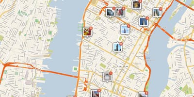 Kort af Manhattan með stig áhuga